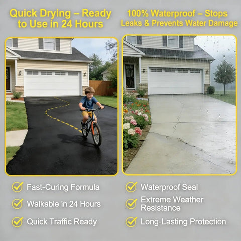 Hella Smooth Concrete Crack Filler Self Leveling Waterproof Sealant For Driveways Patios And Garage Floors Fast Drying Flexible DIY Asphalt Grout Adhesive Compound Gray used on a driveway showing quick drying and waterproof features.