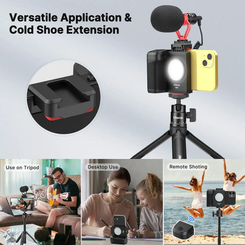 Grip Holder For Smartphone With Remote Shutter Tripod Mount And Removable Ring Light, shown with versatile applications.