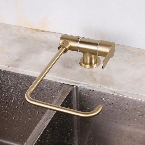 YHdtUO Filter Brushed Gold Drinking Faucet Only Cold Water Stainless Steel Kitchen Faucets-A, angled view showing 360-degree rotation.