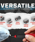 Front view of red-handled deburring tool with swiveling blade for metal and plastic edges.