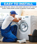 Person installing Built Tough Washer Bearing And Seal Kit Replacement Part For Top Load Washers in a bright laundry room.