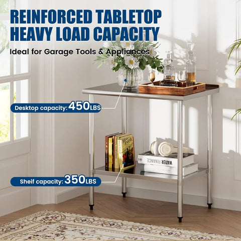 Corner view of Stainless Steel Prep Table 24x36 Inch With Adjustable Undershelf And Backsplash Built To Last Heavy Duty Commercial Kitchen Work Table For Restaurant Garage And Outdoor Use NSF Certified And Rust Resistant.