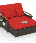 Patio Rattan Daybed With Four Level Adjustable Backrest And Handy Storage Ottoman, red cushions, acacia wood armrests