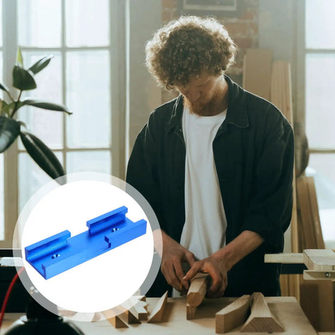 Heavy Duty Alloy Miter Track Connector In Sleek Anodized Blue For Seamless Woodworking Routing with a woodworker.