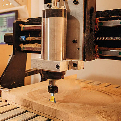 CNC machine using Keyhole Router Bit Set With One Quarter Inch Shank, Five Piece Cutter Kit With Carbide Inserts, Includes Five Sixteenths, Three Eighths, One Half, Five Eighths And Seven Sixteenths Inch Blade Diameters, Rock Solid Steel Body, Anti Recoil on wood piece