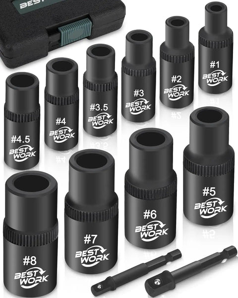 12-Piece Magnetic Tap Socket Set With One Quarter Inch And Three Eighths Inch Square Drive Tap Handle Tool For Tight Spaces Workhorse Magnetic Design Keeps Taps Locked In Place And Extension Ready displayed on white surface with plastic case