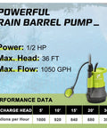 Beast Mode 1/2 HP Submersible Rain Barrel Pump With Float Switch 1050 GPH 26 Ft Cable with performance data chart