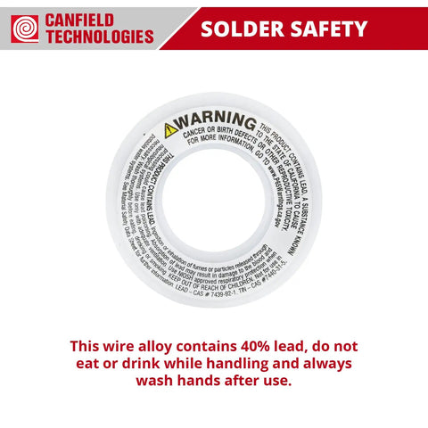 Label and safety warning on 60/40 Solder For Stained Glass 1Lb Spool Virgin Tin Lead Alloy Pro Grade Made In USA.