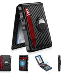 Smart Wallet For Men With AirTag Slot And RFID Blocking Minimalist Pop Up Aluminum Bifold Card Holder For 12 Or More Cards With ID Window Carbon Fiber Look A Dope Gift For Him, showcasing open design with card slot.