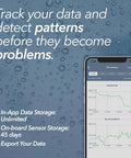 No Fuss Smart Temperature And Humidity Monitor With App Alerts Water Resistant Sensor For RV Fridge Freezer Or Home Use Plug And Play Setup Real Time Readouts Heat Index And Humidity Trends app chart on smartphone