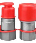 Two red flat-face hydraulic quick-connect couplers with gray metal bodies; 3/4 in NPT threads, ISO 16028 compatible