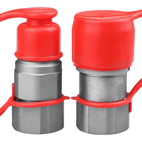 Two red flat-face hydraulic quick-connect couplers with gray metal bodies; 3/4 in NPT threads, ISO 16028 compatible