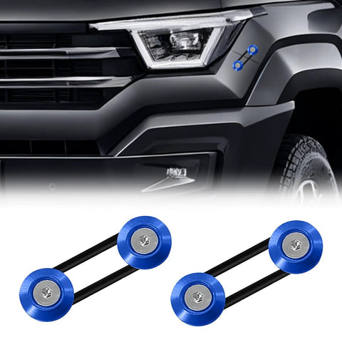 Universal Car Bumper Quick Release Fastener Kit With Stainless Steel Bolts, Blue Finish, shown installed on vehicle bumper