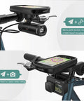 Beefy Bike Handlebar Mount for Garmin Edge GPS Computers shown with headlight and camera attachments on handlebars
