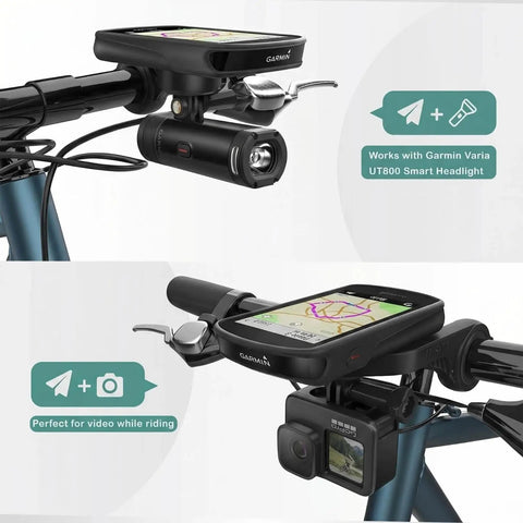 Beefy Bike Handlebar Mount for Garmin Edge GPS Computers shown with headlight and camera attachments on handlebars