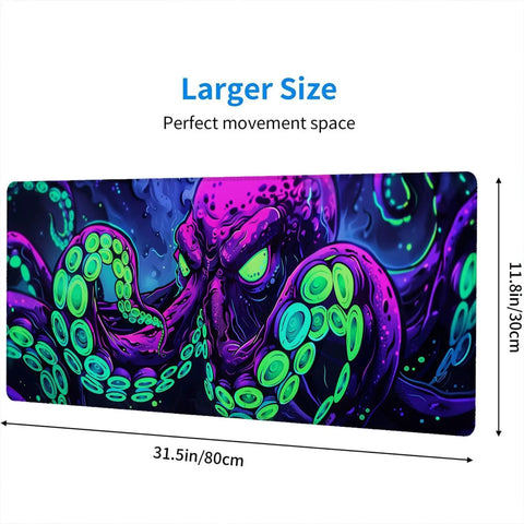Neon Cthulhu Monster Extended Desk Pad For Gaming And Work, Extra Large 31.5 by 11.8 inches, featuring vivid tentacle design.