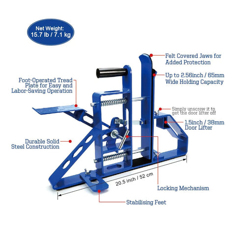 Hands Free Solid Steel Door Clamp And Installation Stand For Pros, Heavy Duty Door Jig With Foot Operated Lift, Wide 65mm Grip, Blue