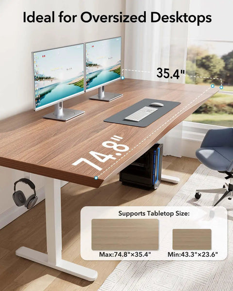 Huanuo Electric Standing Desk Frame With Powerful Brushless Motor For Dual Monitor Riser shown with dual monitors on 74.8" x 35.4" tabletop.