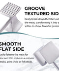 Meat Tenderizer Hammer With Comfortable Grip Handle Dual Sided Mallet showing grooved and smooth sides for kitchen use.