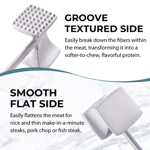 Meat Tenderizer Hammer With Comfortable Grip Handle Dual Sided Mallet showing grooved and smooth sides for kitchen use.