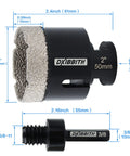 Dry Diamond Core Drill Bit 2 Inch Tile Hole Saw For Porcelain Ceramic Granite Brick Concrete With Vacuum Brazed Edge Five Eighths Inch Eleven Thread To Three Eighths Inch Hex Shank Adapter Beefy Angle Grinder Cutter, dimensions visible