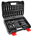 Heavy Duty Socket Set Three Eighths Inch Drive Ninety Five Pieces Deep And Shallow Sockets in open case showing tools.