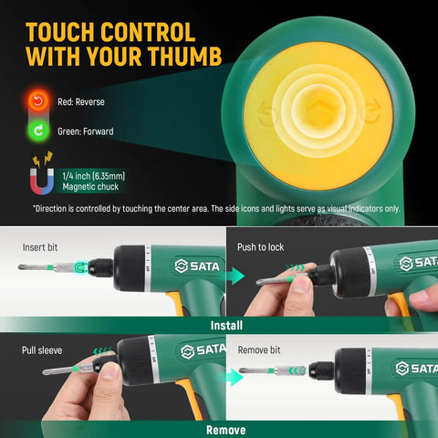 Cordless Screwdriver Set With 32 Pieces, 3.7V Power, One Quarter Inch Hex Chuck, touch control for bit installation and removal.
