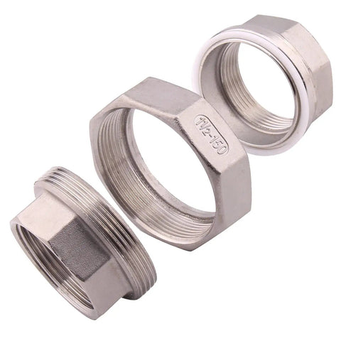 1-1/2 Inch NPT Female Union Cast Pipe Fitting Stainless Steel 304 Class 150 Threaded Connector For Pipe Systems And Water Lines Ideal For Residential And Commercial Plumbing Applications Corrosion Resistant, shown disassembled