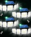 Ultra Bright Solar Motion Flood Light Outdoor Waterproof With 416 LEDs, 3000 Lumens, shown in illuminated array with remotes