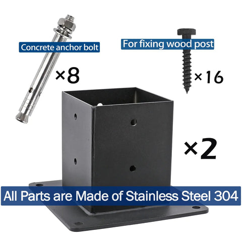 Beefy Two Pack 3.6 By 3.6 Inch Post Base Anchors In Stainless Steel With Black Finish, includes bolts and screws.