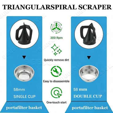 Triangular spiral scraper for 58mm portafilter basket, black material, 300 RPM speed for quick dirt removal.