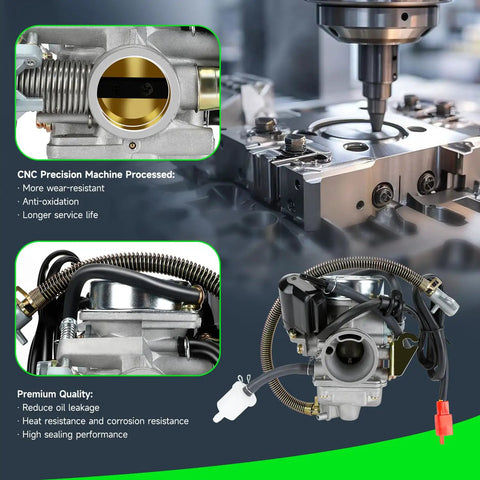 GY6 150cc Carburetor Kit Drop In Replacement For 4 Stroke Engines, CNC processed, close-up of carburetor components, premium quality features