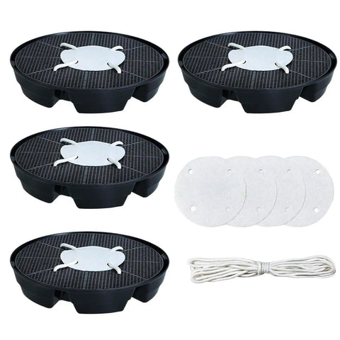 Set of four black self watering pot bases for indoor and outdoor plants with PP trays and white discs and cords for gardening