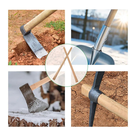 Two Pack Solid Wood Replacement Garden Handles 50 Inch Grub Hoe Style With Horseshoe Heads for various garden tools