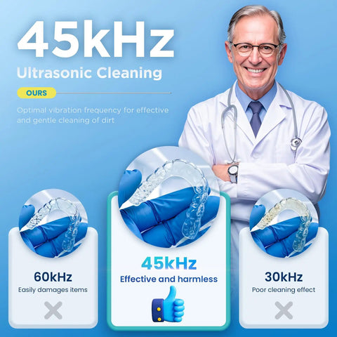 At Home 45kHz Ultrasonic Retainer Cleaner With Digital Timer And 200ml Tank No Fuss Deep Clean For Dentures Aligners Mouth Guards Night Guards Braces Toothbrush Heads And Jewelry Pink, 45kHz cleaning chart