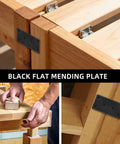 Heavy Duty Matte Black Stainless Steel Mending Plates 4 Pack With Screws installed on wooden furniture corners for support.