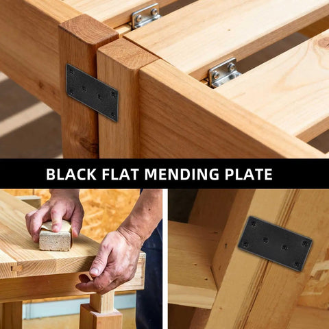 Heavy Duty Matte Black Stainless Steel Mending Plates 4 Pack With Screws installed on wooden furniture corners for support.