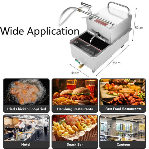 Heavy Duty Mobile Fryer Oil Filter Machine With 65 Liter Tank, Slick Stainless Steel Grease Separator Cart, Quick Drain Setup, Straight Up Commercial Kitchen Essentials For Busy Restaurants shown with various applications.