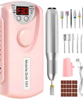 Powerful Electric Nail Drill Kit With 13 Drill Bits And 50 Sanding Bands For At Home Salon Use, pink control unit and accessories displayed.