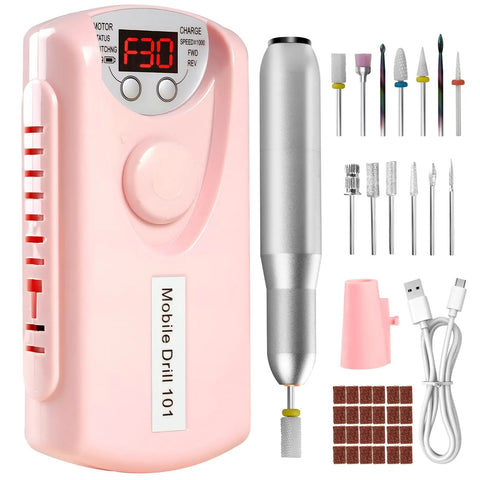 Powerful Electric Nail Drill Kit With 13 Drill Bits And 50 Sanding Bands For At Home Salon Use, pink control unit and accessories displayed.