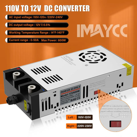 Beefy 110V To 12V DC Power Converter For Diesel Heaters Up To 600W 50A Peak Adjustable Output shown with voltage specs