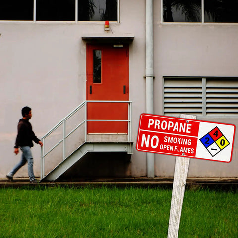 Propane Safety Sign Set No Smoking No Open Flames Aluminum Warning Signs With NFPA Symbol outside industrial building
