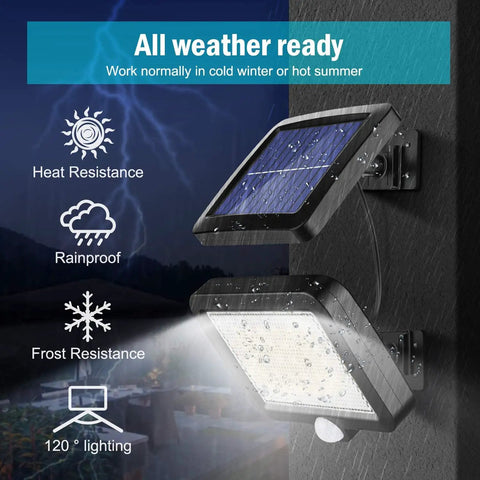 Go To Outdoor Solar Wall Light With Motion Sensor No Fuss 56 LED IP54 Waterproof showing heat, rain, and frost resistance