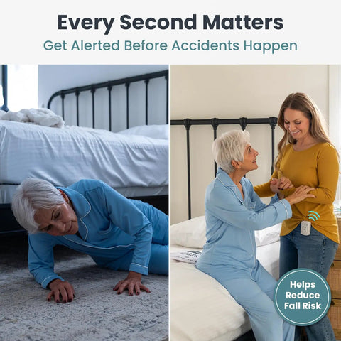 Bed Alarm System For Seniors With Wireless Sensor Pad And Pager Fall Prevention For Dementia Care, Long Range Alerts, Custom Volume Or Vibration, No Fuss Tool Free Setup, Easy Caregiver Monitoring, Peace Of Mind, woman helping senior near bed