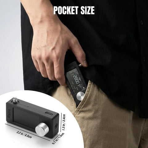 Person holding All-Band DSP Radio With Si4732 Chip For FM SW MW LW VHF CB Reception LSB USB Modes in pocket, pocket-sized view.