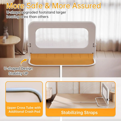 Toddler Bed Rail Guard With 14 Height Adjustable And Swing Down Design On Bedroom Floor Showcasing U-Shaped Base