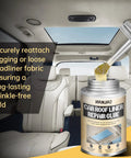 Car Headliner Repair Glue With Brush Flexible Adhesive For Fabric Foam Vinyl Leather Interior Quick Drying Multi Surface Auto Roof Liner Adhesive For Saggy Headliners, shown inside car with open can and integrated brush.