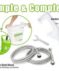 Heavy-Duty Tankless Water Heater Flushing Kit with stainless steel hoses, a wrench, bucket lid opener, and essential tools.