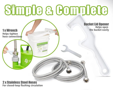 Heavy-Duty Tankless Water Heater Flushing Kit with stainless steel hoses, a wrench, bucket lid opener, and essential tools.