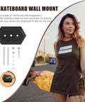 Skateboard Wall Mount Hanger For Deck Display And Storage With Dope Floating Effect shown with screws and a flame deck skateboard.